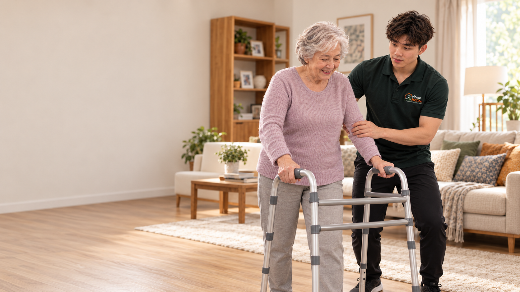 Illustration of a physiotherapist helping an older woman with a walking frame at home