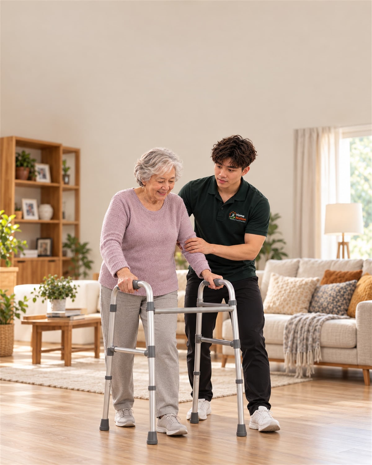 Illustration of a physiotherapist helping an older woman with a walking frame at home