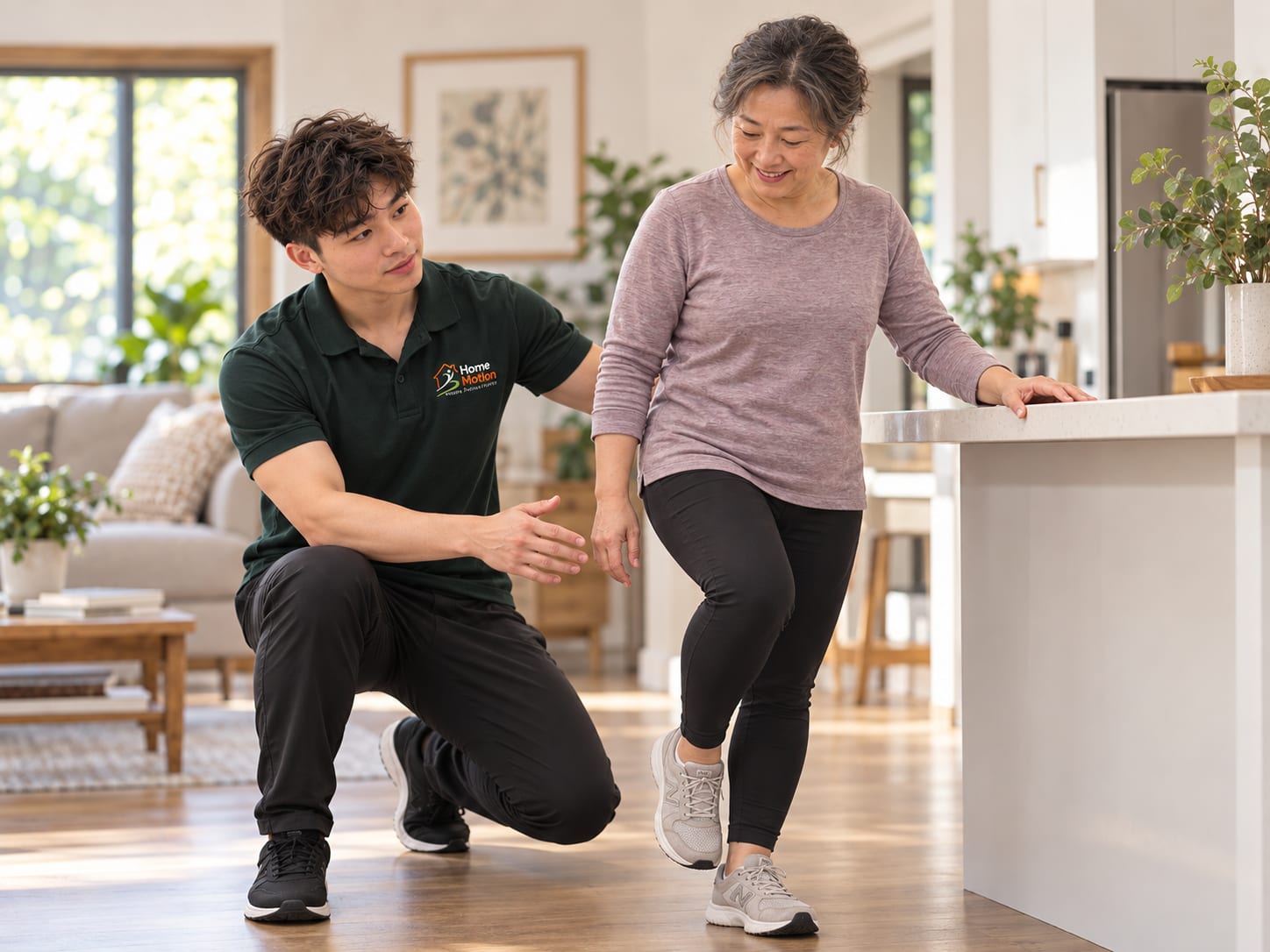 Illustration of a physiotherapist talking with an older woman at a kitchen bench at home