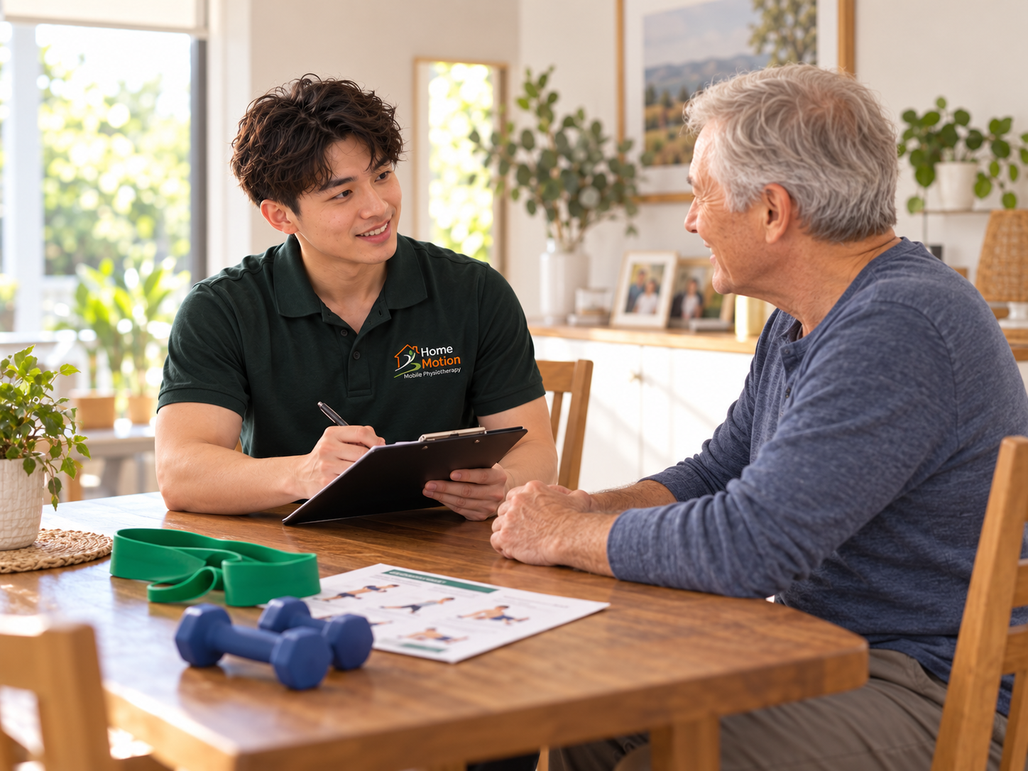 Illustration of a physiotherapist discussing home exercises with an older man at a table